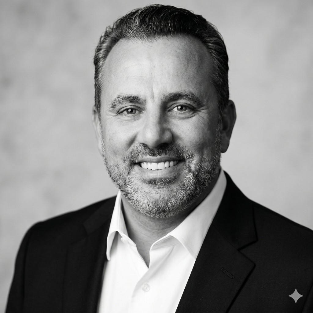 Professional portrait of Michael J. DeRosa, smiling, in a dark suit jacket and white open-collar shirt